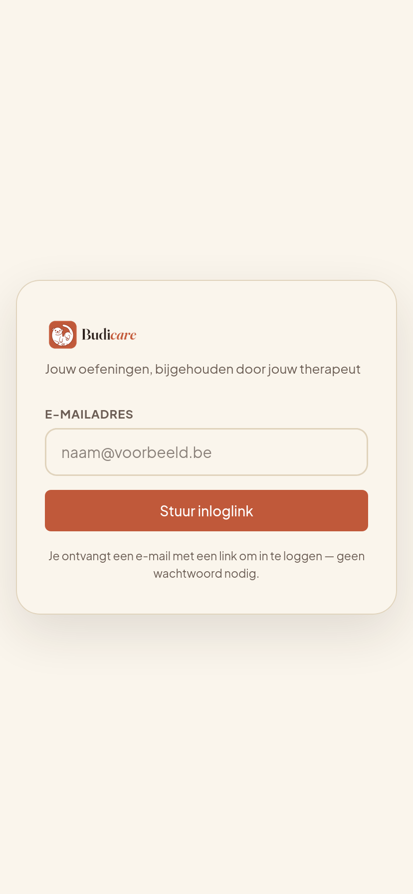 Inlogscherm van BudiCare: e-mailadres invoeren en inloglink ontvangen