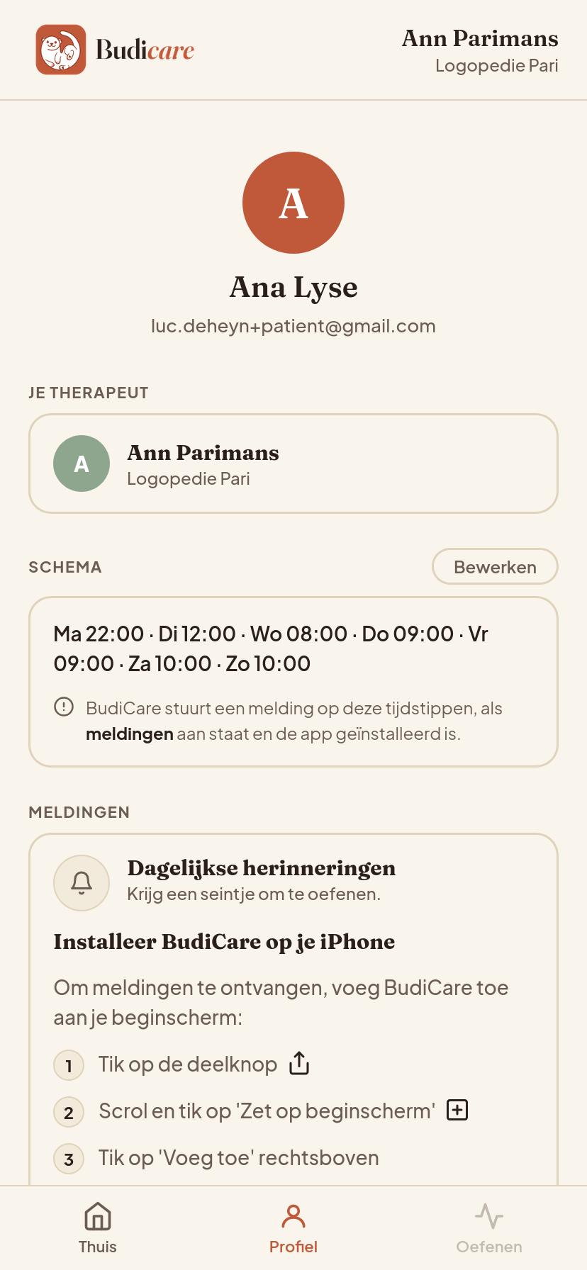 Profielscherm met therapeutnaam, schema en uitleg over meldingen en installeren op startscherm