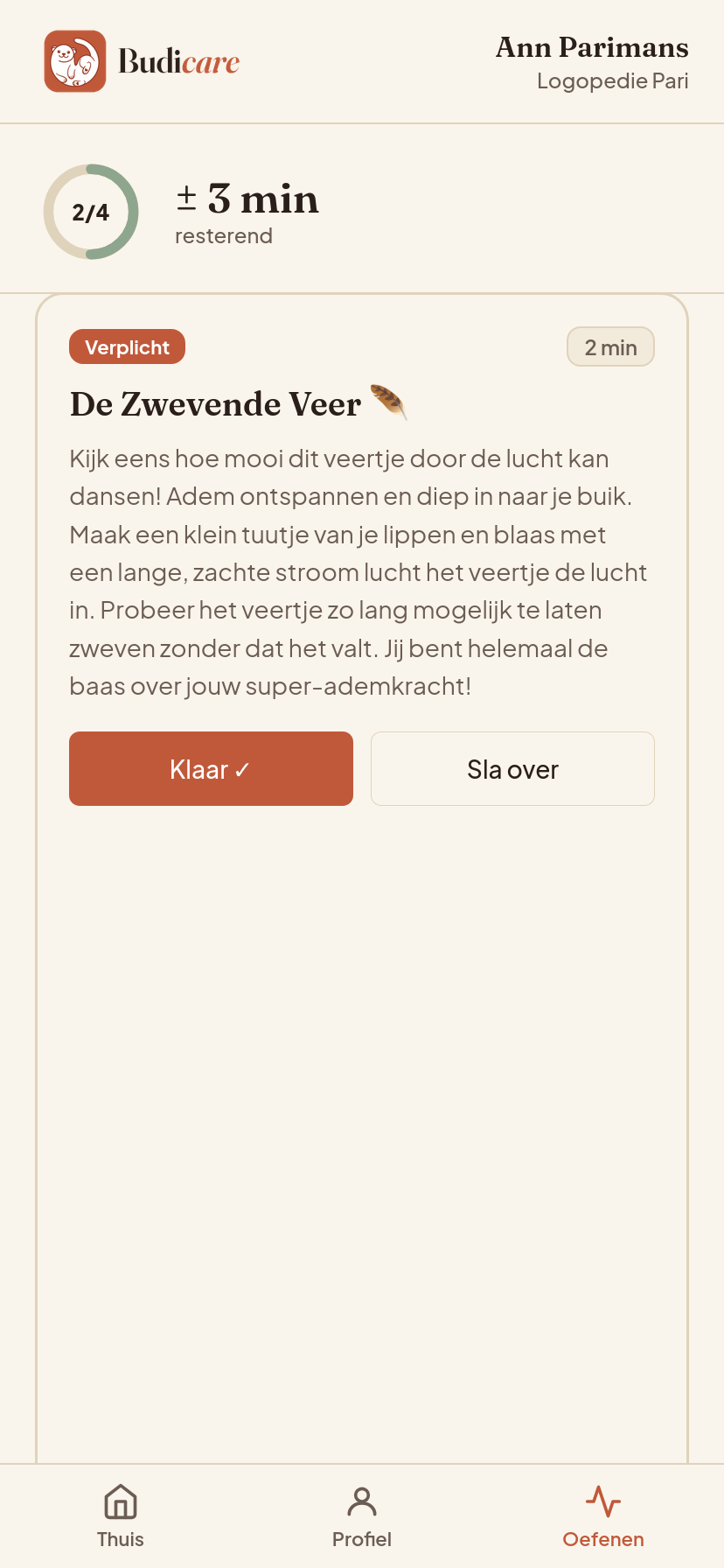 Oefenscherm bij oefening 2 van 4 met ±3 minuten resterend