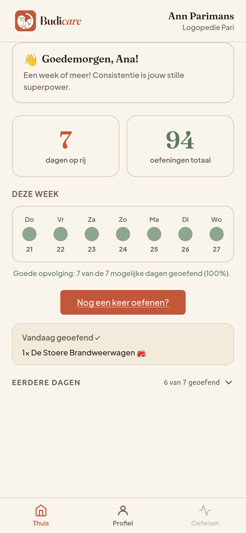 Thuisscherm van BudiCare met motiverend berichtje, streak van 7 dagen, 94 oefeningen totaal, weekoverzicht en knop Nog een keer oefenen