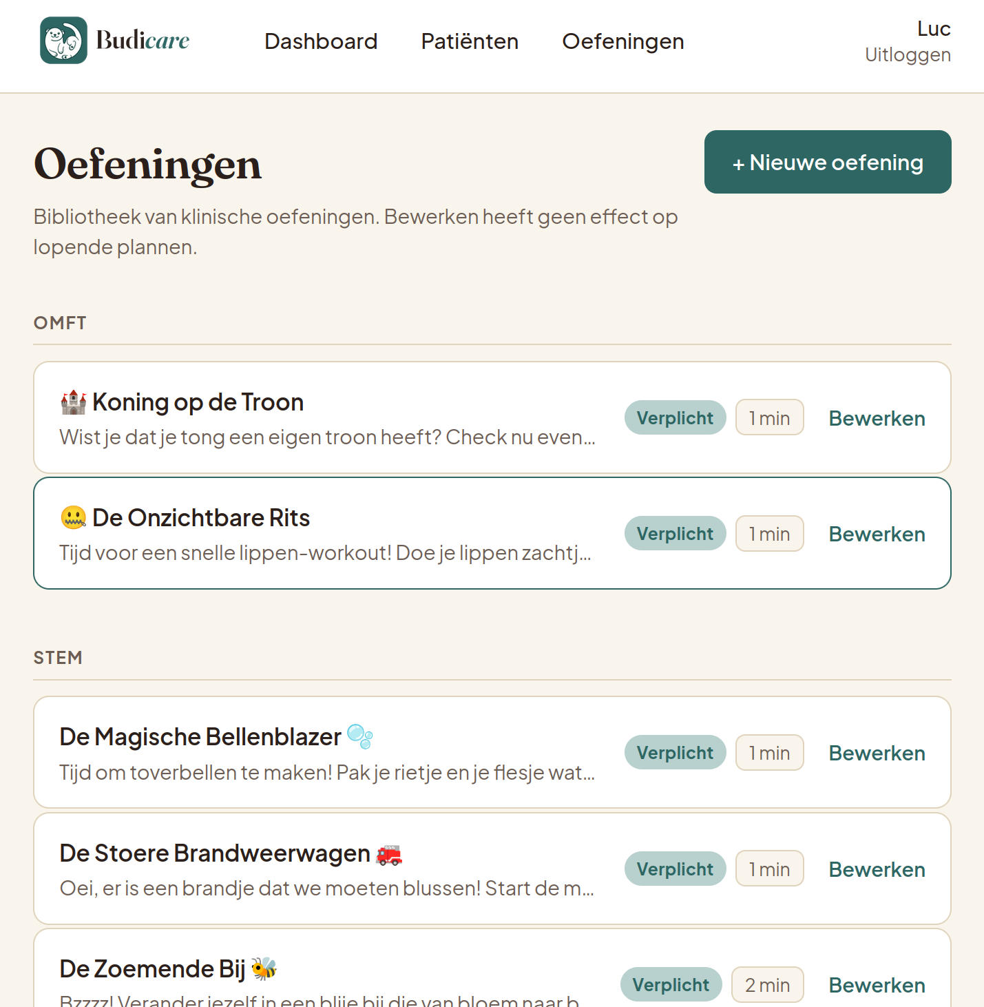 Overzicht van de oefenbibliotheek met categorieën OMFT en Stem