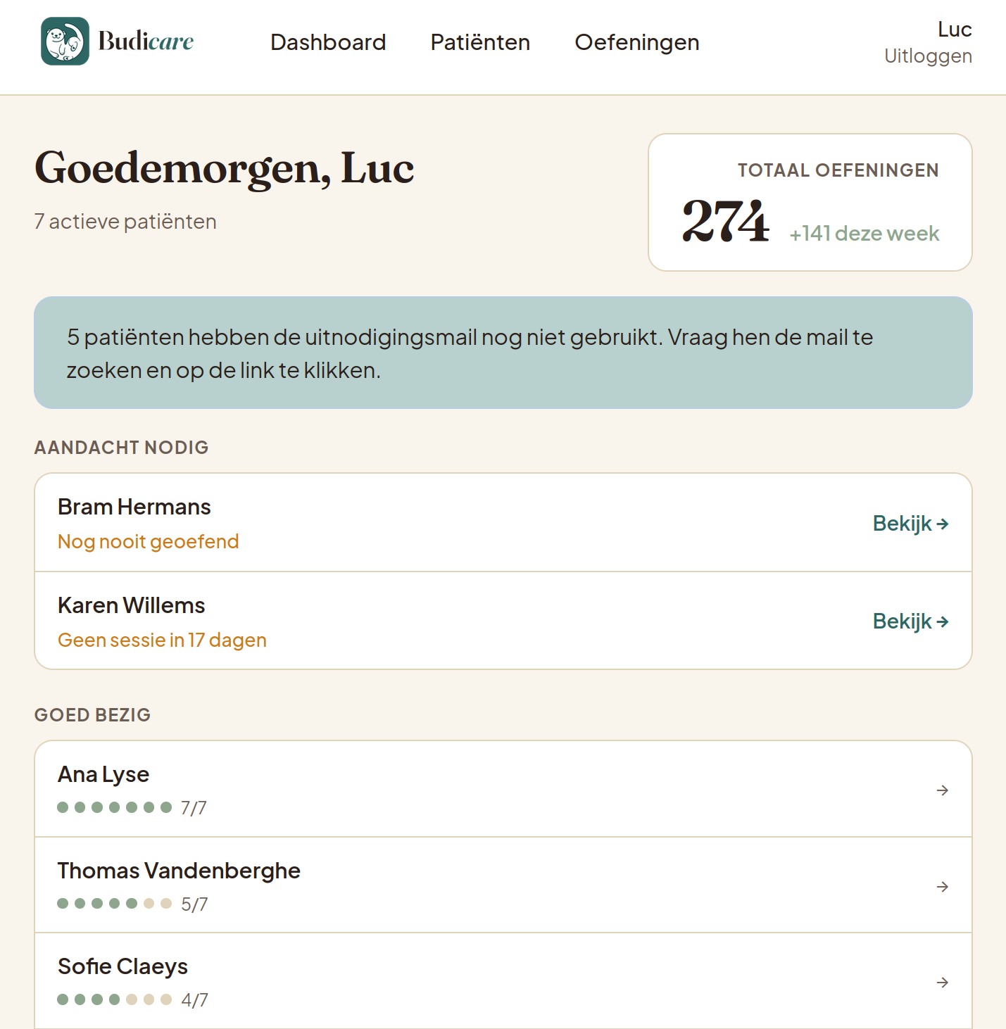 Dashboard met totaal oefeningen, meldingen, sectie Aandacht nodig en sectie Goed bezig