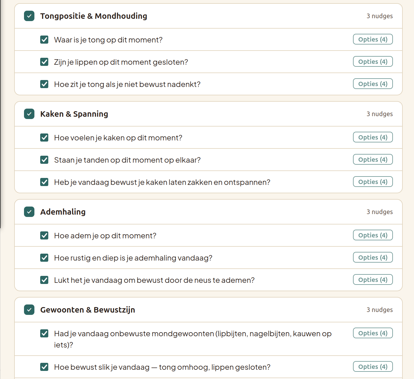 Bibliotheek van OMFT-nudges gegroepeerd per categorie: Tongpositie & Mondhouding, Kaken & Spanning, Ademhaling, Gewoonten & Bewustzijn — elk met 3 nudges.