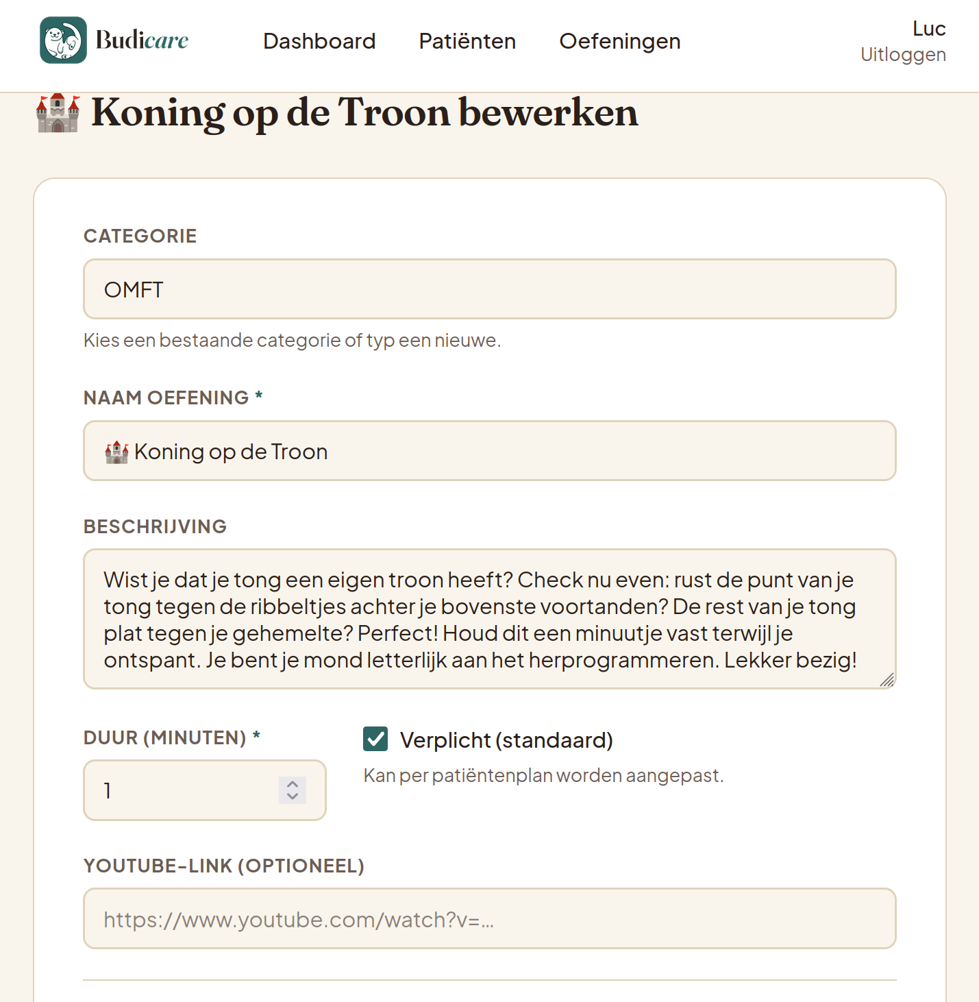 Formulier om een oefening te bewerken: naam, beschrijving, duurtijd, verplicht/optioneel, en YouTube-link