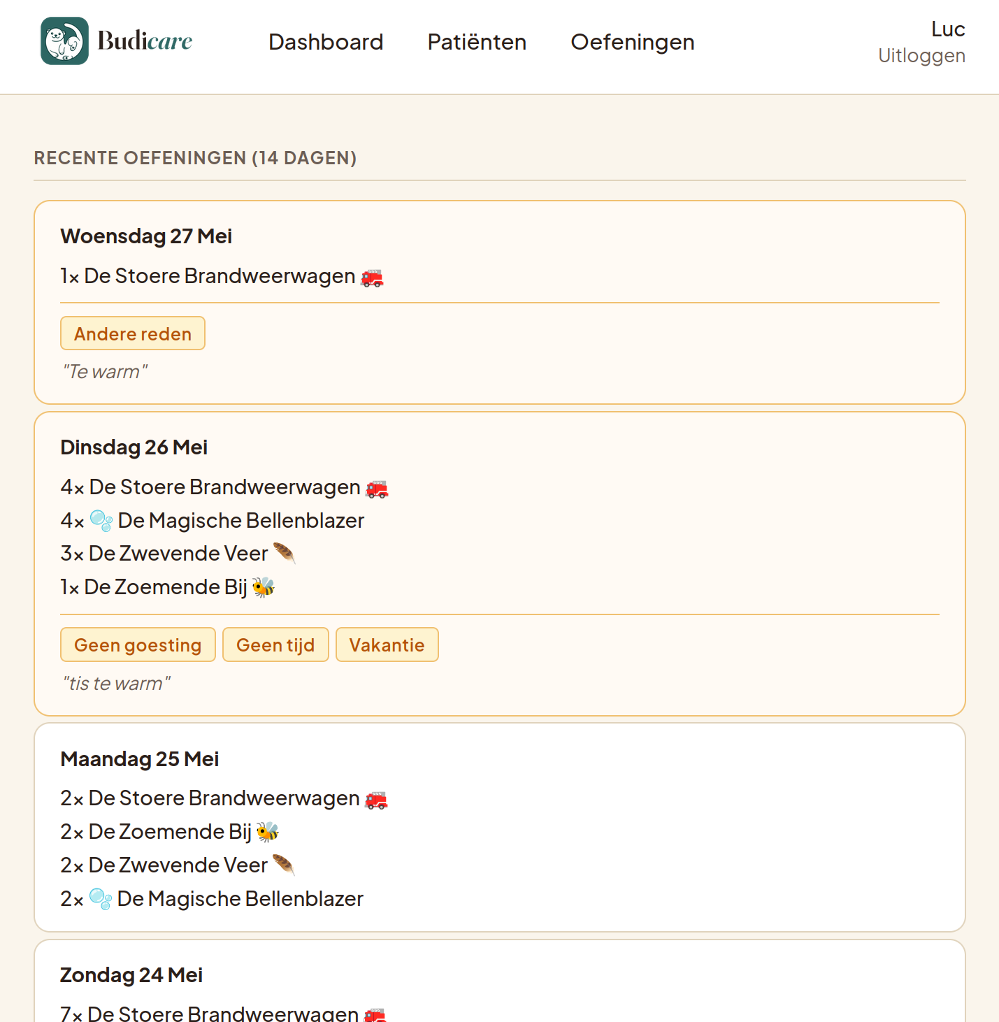 Recente oefeningen per dag, inclusief labels Geen goesting, Geen tijd en Vakantie bij overgeslagen sessies