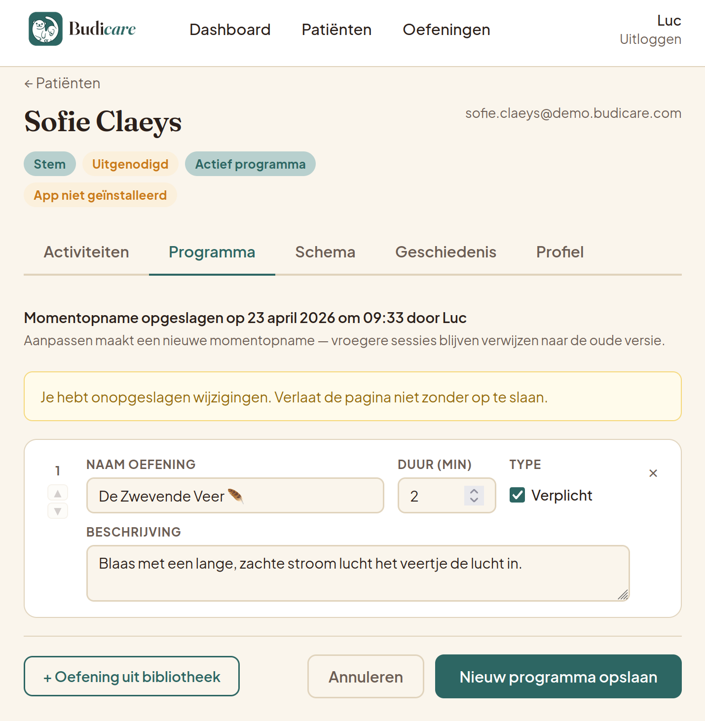 Programmatab van een patiënt met één oefening, duurtijd en optioneel/verplicht-selectie