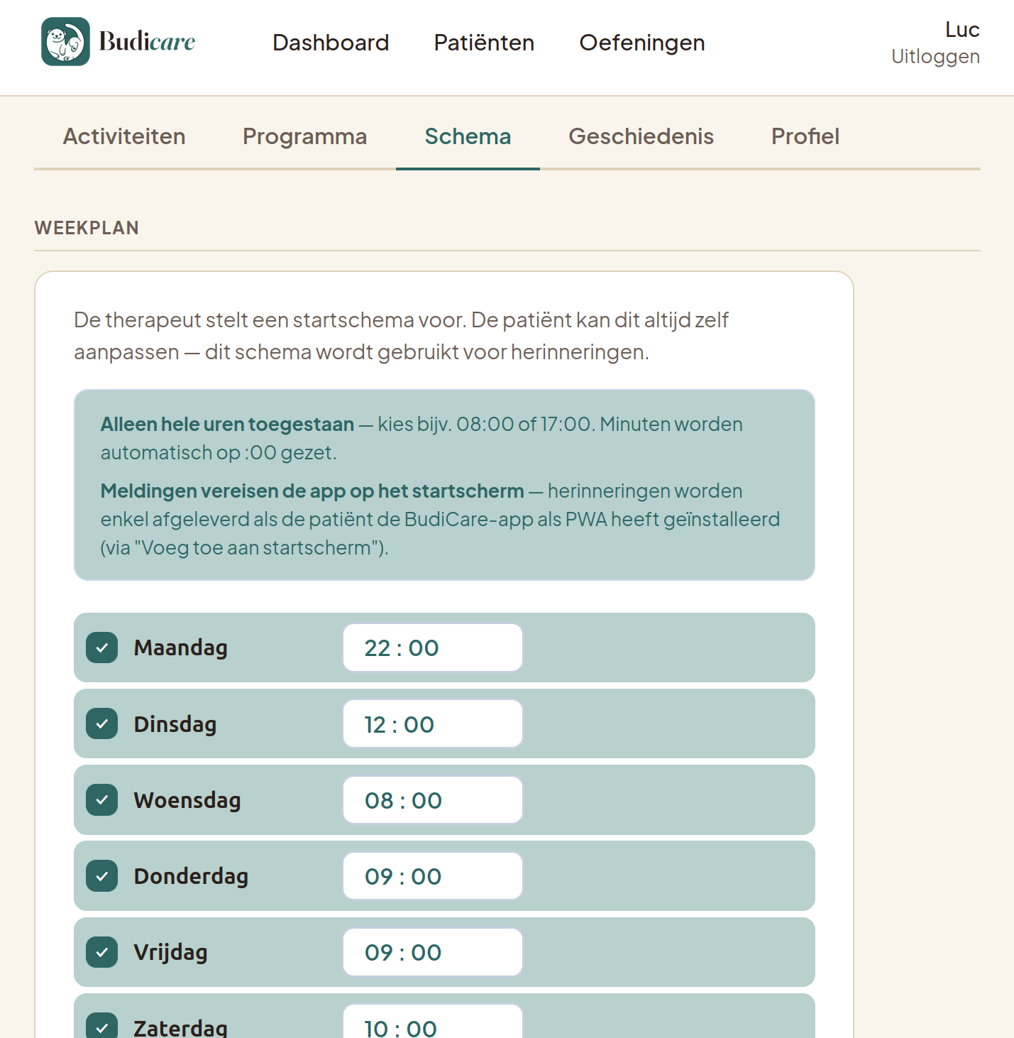 Schematab met weekplan: maandag t/m zaterdag met tijdstippen ingesteld per dag